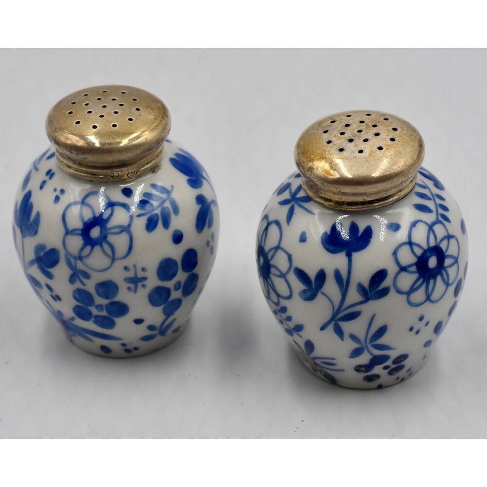 Rare Meissen Blue Porcelain Salt & Pepper Hand Painted Sterling Silver Lids - Picture 4 of 13